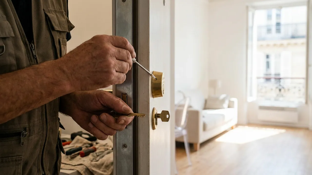 Entretien au lubrifiant sec du cylindre d'une porte en bois dans un immeuble haussmannien de Paris 3