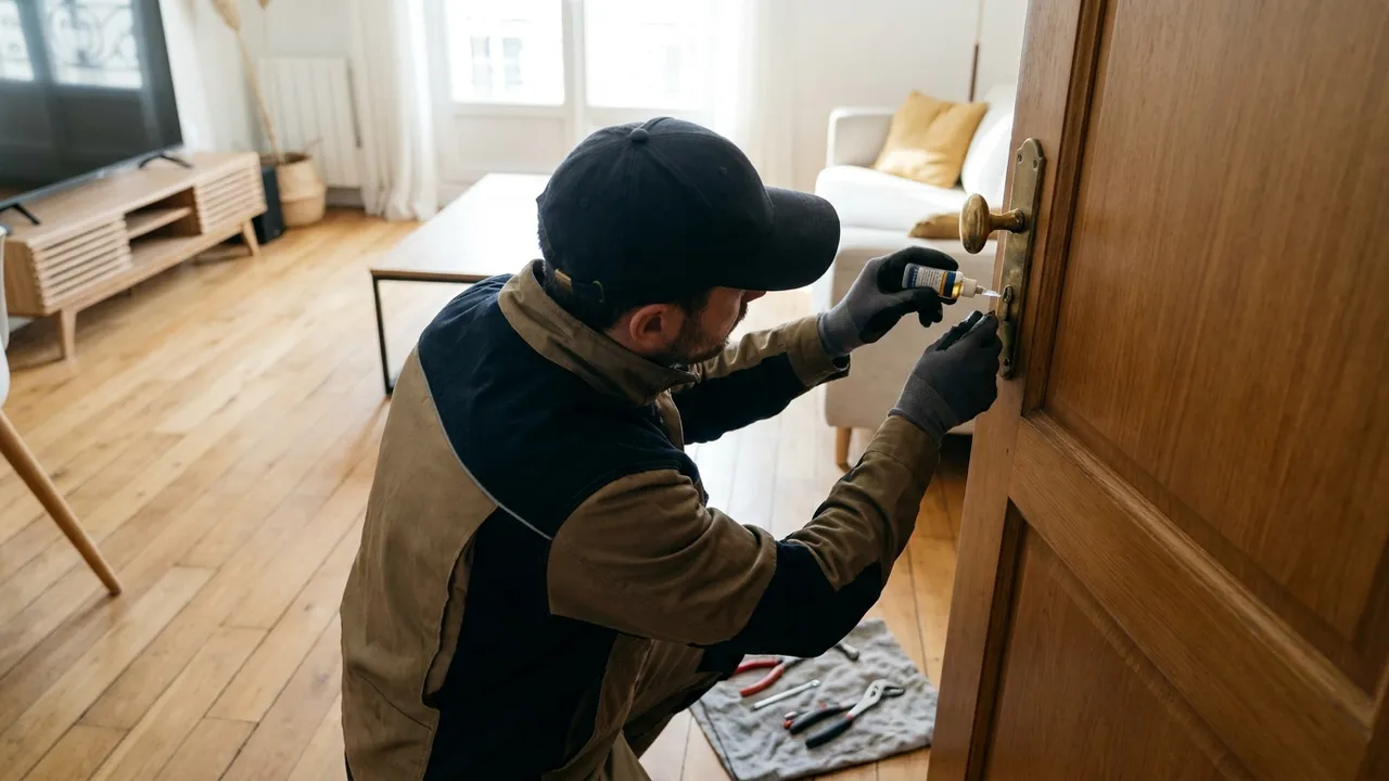 Clé engagée dans le cylindre grippé d'une porte ancienne d'un appartement du Marais, Paris 3