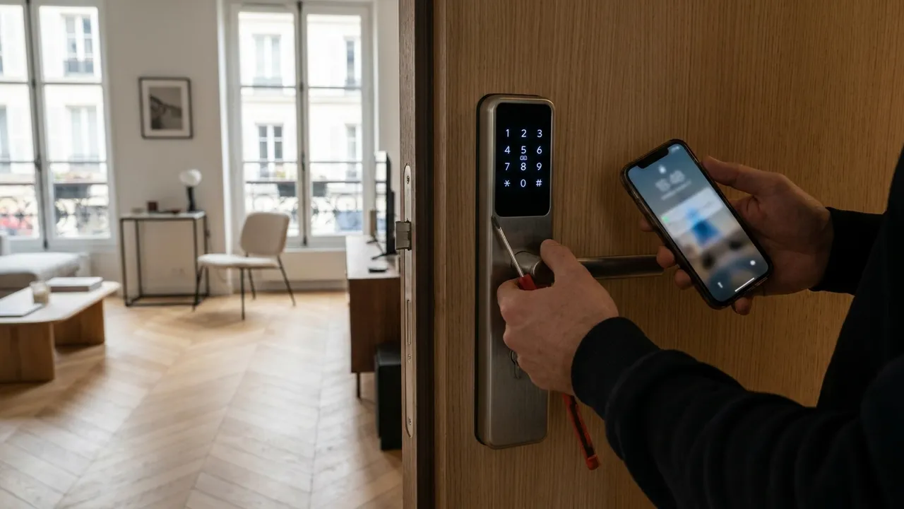 Serrure connectée installée sur une porte d'appartement ancien du Marais, Paris 3, avec smartphone
